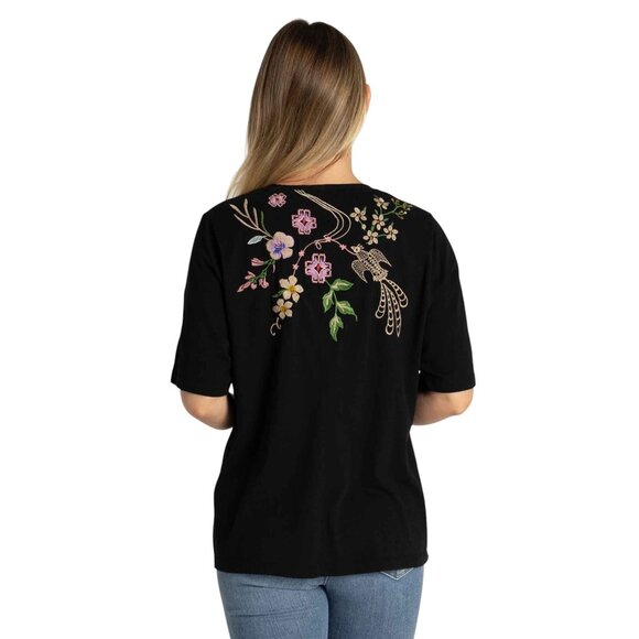 Johnny Was Maureen Trapunto 3/4 Tee Cotton Shirt Floral Embroidery Top Black NEW - Picture 4 of 13
